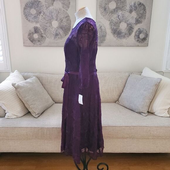 NEW! ALEX EVENINGS | Illusion Top Embroidered Tea Length Dress - [14P, purple] - Picture 7 of 13